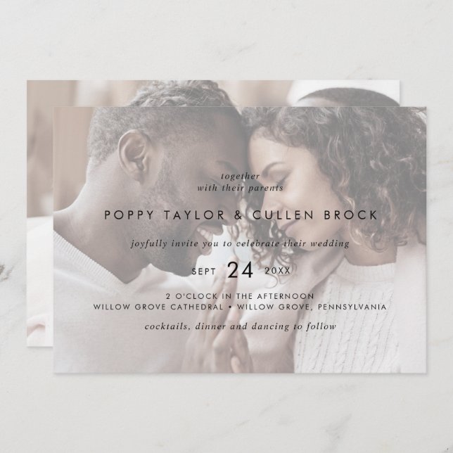 Invitación Tipografía de moda | Boda fotográfico horizontal (Anverso / Reverso)