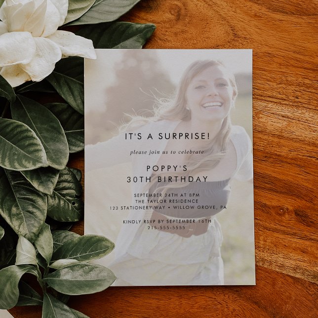 Invitación Tipografía de moda | Faded Photo Surprise Fiesta (Subido por el creador)