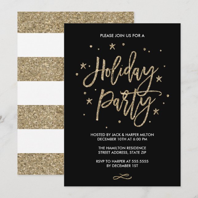 Invitación Tipografía de moda Faux Gold Purpurina Holiday Par (Anverso / Reverso)
