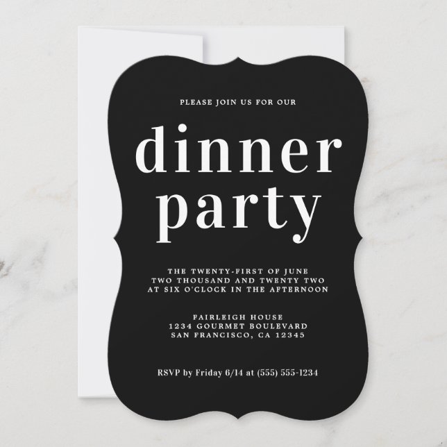 Invitación Tipografía de Moda simple Fiesta de cena negro (Anverso)