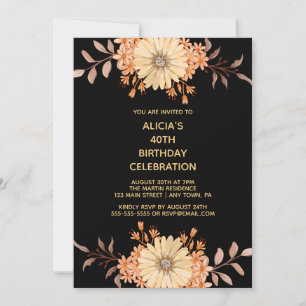 Invitación Tipografía de oro de flores naranja Cumpleaños neg