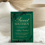 Invitación Tipografía de oro de moda Hoja verde floral Dulce<br><div class="desc">Moderna moda de bonito y elegante tipografía de oro fino Invitación de 16 años floral verde dulce con foliaje de hojas de color verde a mano. El color verde del fondo es totalmente personalizable</div>