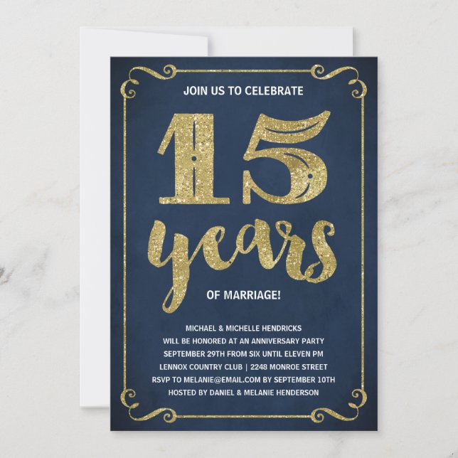 Invitación Tipografía de oro | Faux Relieve metalizado 15º an (Anverso)