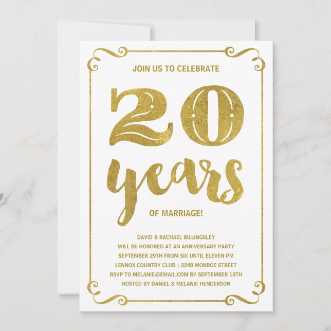 Invitación Tipografía de oro | Faux Relieve metalizado 20º an (Anverso)