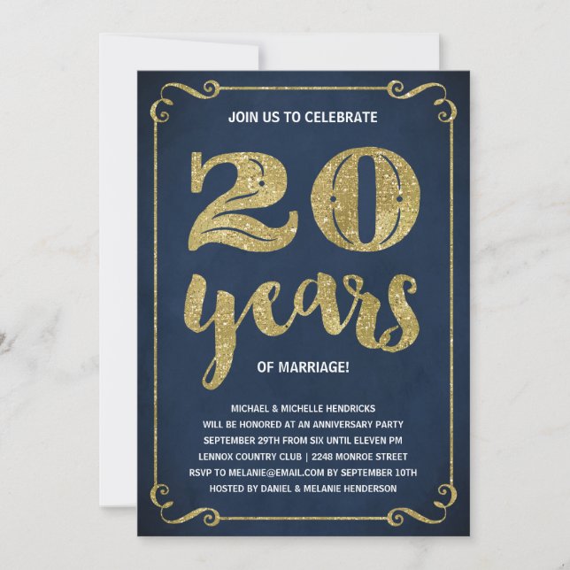 Invitación Tipografía de oro | Faux Relieve metalizado 20º an (Anverso)