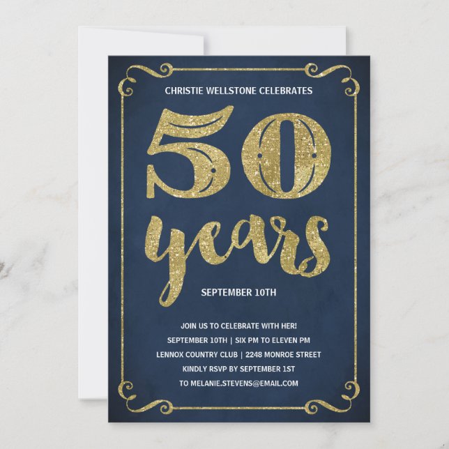 Invitación Tipografía de oro | Faux Relieve metalizado 50th B (Anverso)