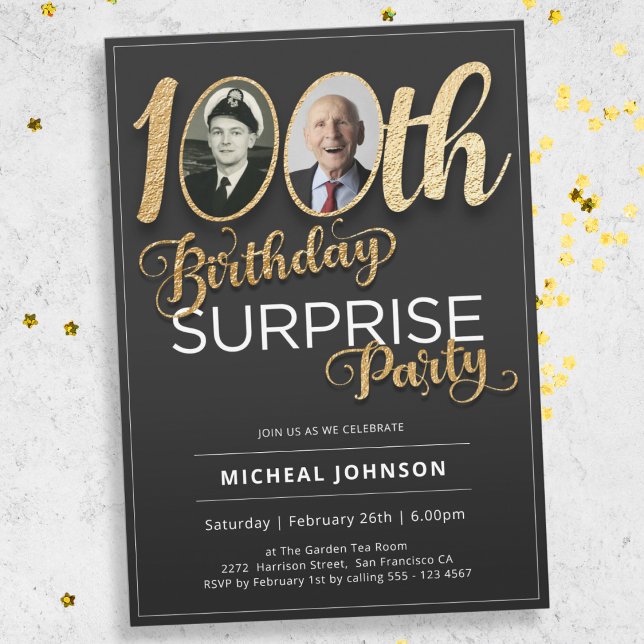 Invitación Tipografía de oro Foto sorpresa 100 cumpleaños (Mockup View)