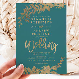 Invitación Tipografía de oro hoja de boda verde azulado verde