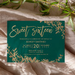 Invitación Tipografía de oro hoja de color verde floral dulce<br><div class="desc">Tipografía de oro hoja de moda verde esmeralda floral dulce 16 cumpleaños con follaje pintado a mano dulce fiesta de 16 cumpleaños. El color verde esmeralda es totalmente personalizable.</div>