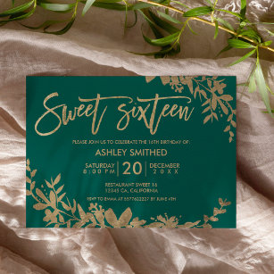 Invitación Tipografía de oro hoja de color verde floral dulce
