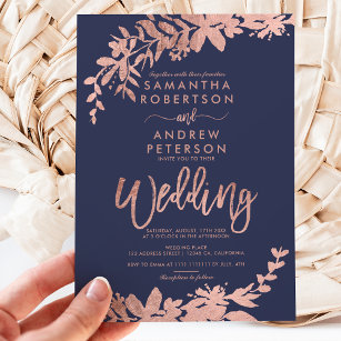 Invitación Tipografía de oro Rosa boda azul marino floral
