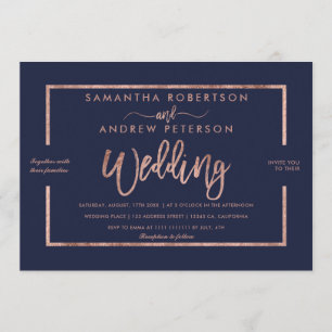 Invitación Tipografía de oro Rosa boda de moda azul marino