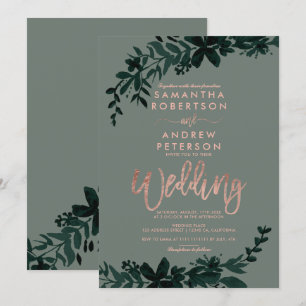 Invitación Tipografía de oro Rosa boda de salvia floral verde