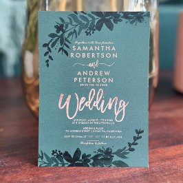 Invitación Tipografía de oro Rosa boda verde floral