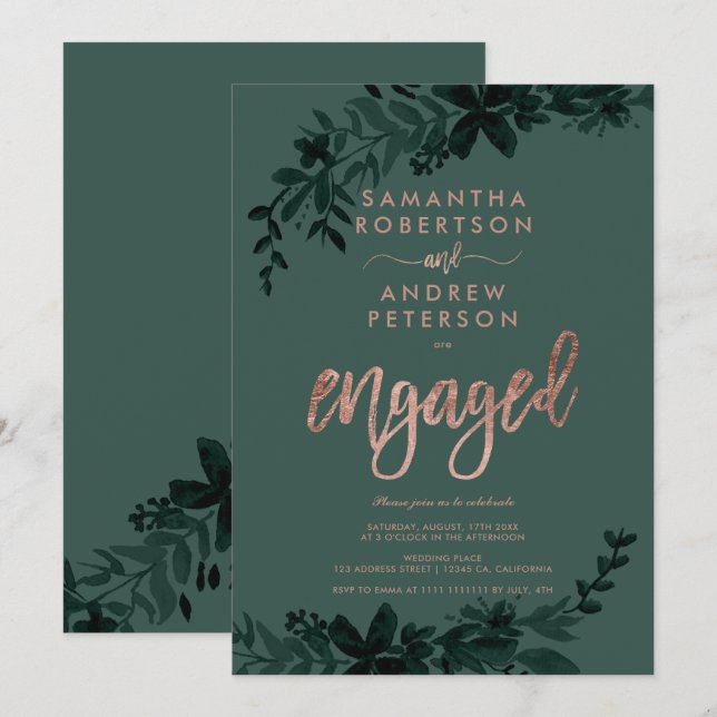 Invitación Tipografía de oro Rosa Fiesta de compromiso verde  (Anverso / Reverso)