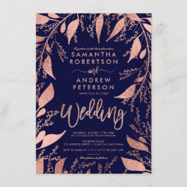 Invitación Tipografía de oro rosa floral boda de moda azul ma