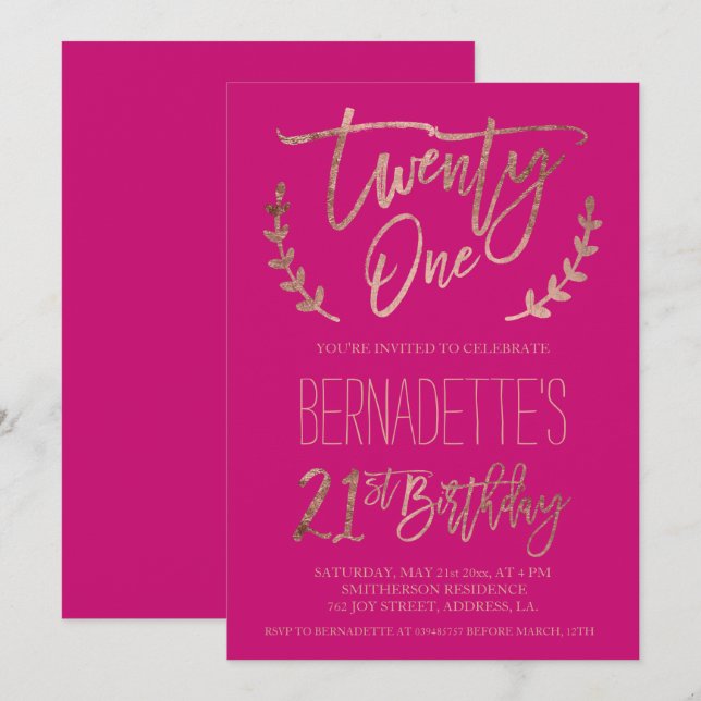 Invitación Tipografía de oro Rosa neón rosa 21 cumpleaños (Anverso / Reverso)