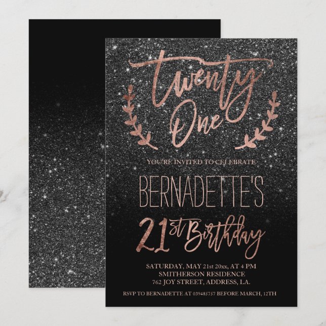Invitación Tipografía de oro Rosa purpurina negro 21 cumpleañ (Anverso / Reverso)