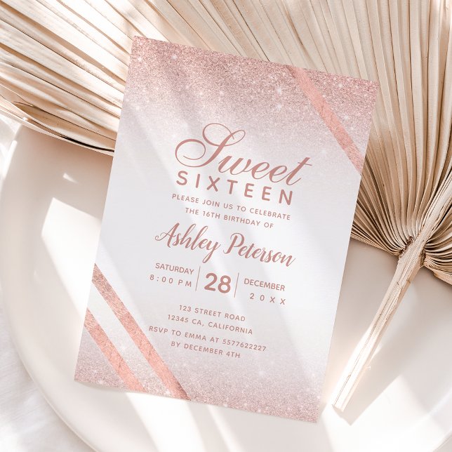 Invitación Tipografía de oro Rosa raya purpurina blanco Sweet (Subido por el creador)