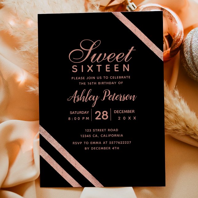 Invitación Tipografía de oro Rosa rayas Sweet 16 fiesta (Rose gold typography stripes Sweet 16 party Invitation)