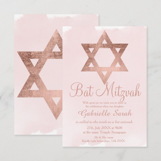 Invitación Tipografía de oro Rosa rosa rubor Mitzvah (Anverso / Reverso)