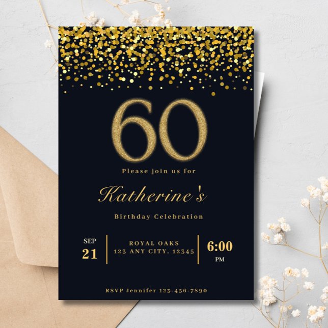 Invitación Tipografía de oro y negro 60 cumpleaños moderno (Subido por el creador)