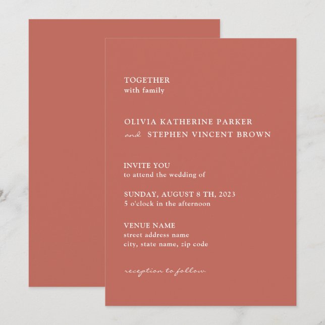 Invitación Tipografía de óxido marrón Boda moderno (Anverso / Reverso)