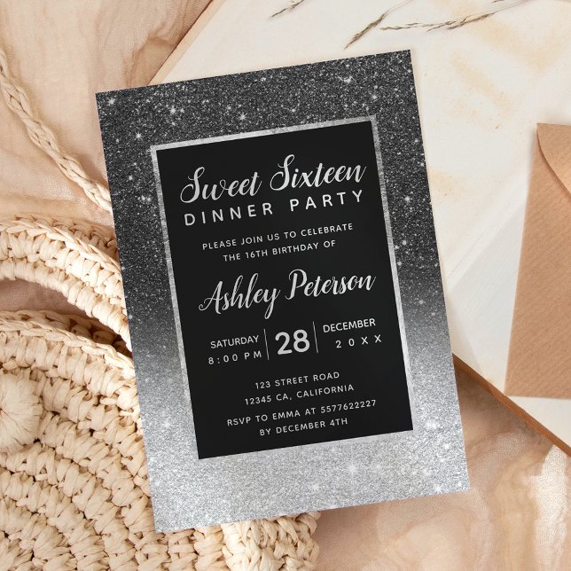 Invitación Tipografía de plata de purpurina negro Sweet 16 (Subido por el creador)