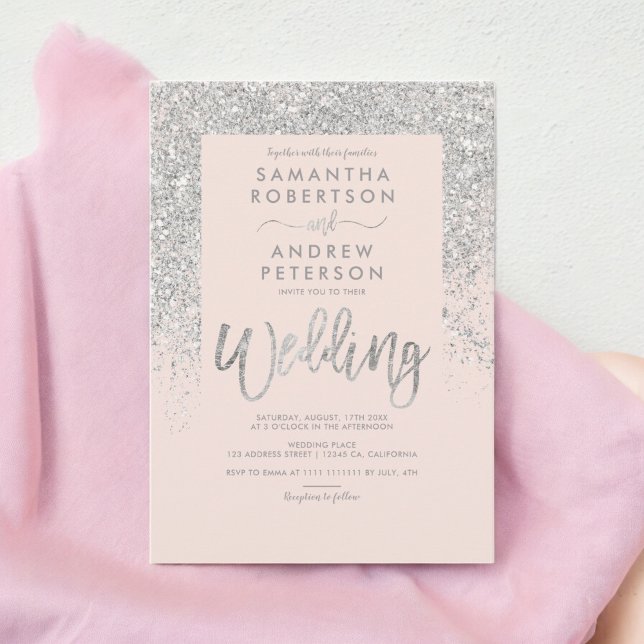 Invitación Tipografía de purpurina plateado boda rosa negro (Silver glitter typography blush pink wedding invitation)