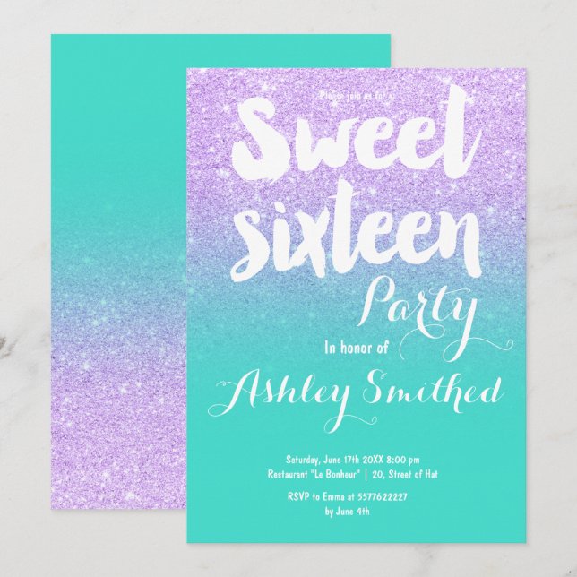 Invitación Tipografía de purpurina turquesa de Lavender Sweet (Anverso / Reverso)