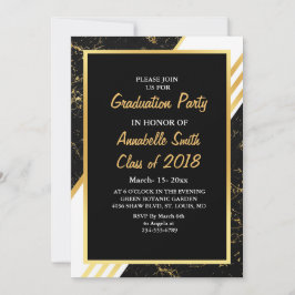 Invitación Tipografía de rayas de mármol dorado negro Graduac