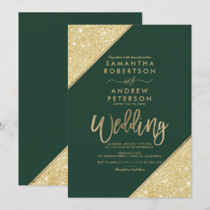 Invitación Tipografía de rayas purpurinas de oro boda verde o