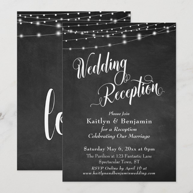 Invitación Tipografía de Recepción de Boda Pizarra Luces (Anverso / Reverso)