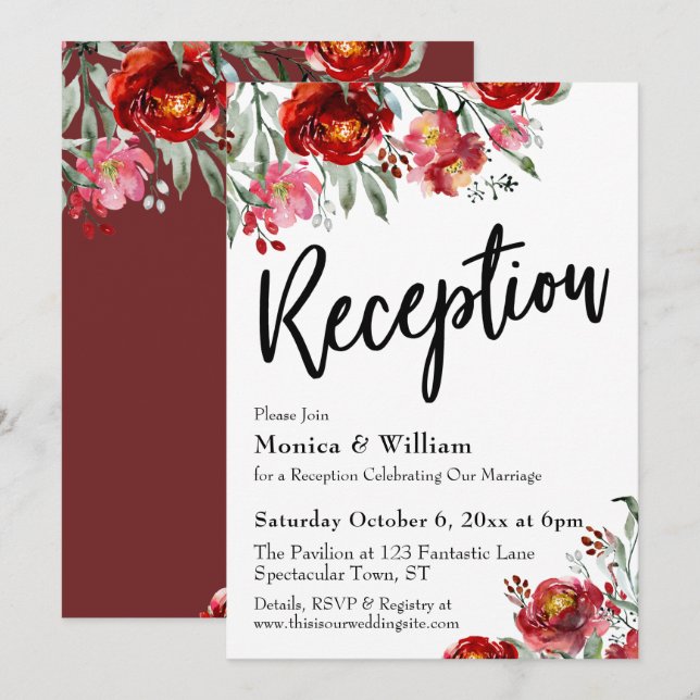 Invitación Tipografía de recepción de bodas florales rojas de (Anverso / Reverso)