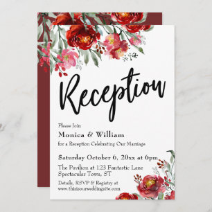 Invitación Tipografía de recepción de bodas florales rojas de
