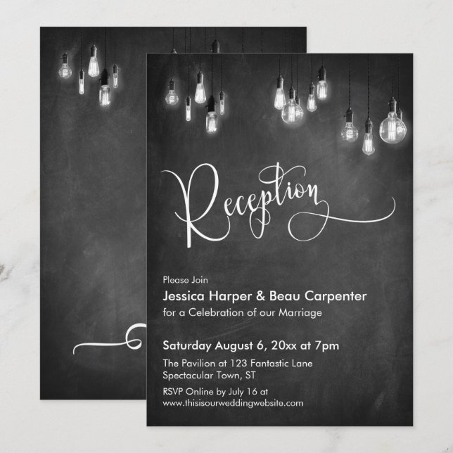 Invitación Tipografía de recepción, luces de Edison, pizarra (Anverso / Reverso)