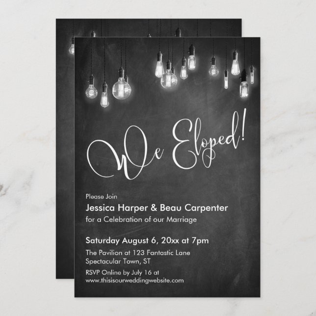 Invitación Tipografía de Recepción, Luces Edison, Pizarra (Anverso / Reverso)