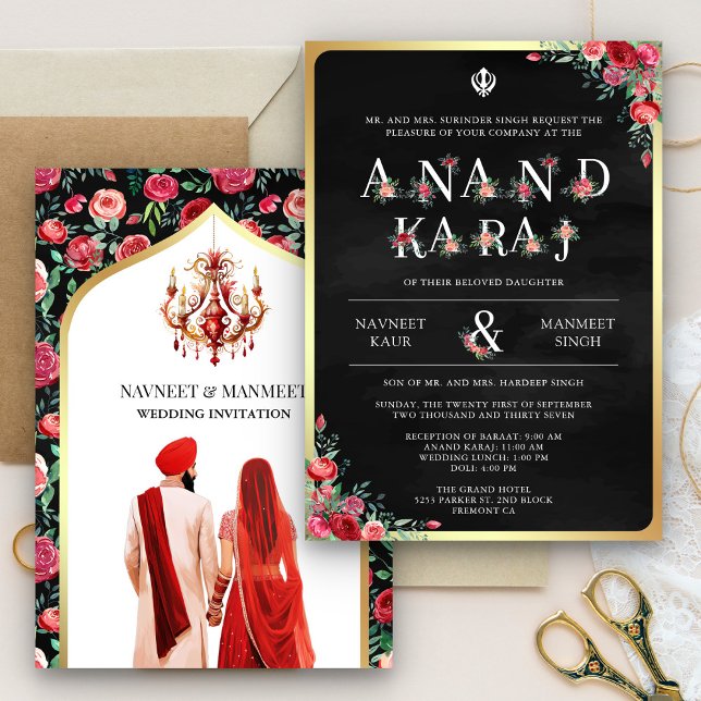Invitación Tipografía de rosa roja negra Anand Karaj Sikh Bod (Subido por el creador)