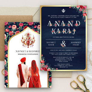 Invitación Tipografía de rosas rojas azul Anand Karaj Sikh Bo