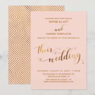 Invitación Tipografía de su boda con corazones dorados y rubo