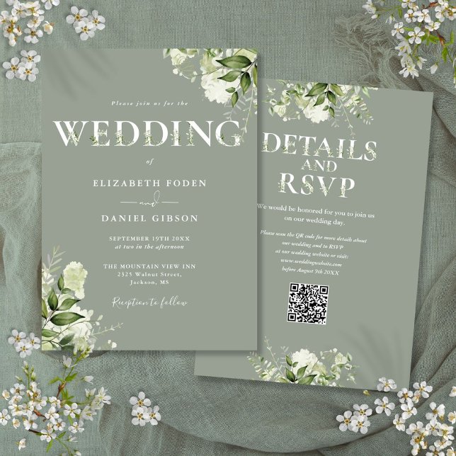 Invitación Tipografía de vegetación Código QR Boda verde sabi (Greenery Typography QR Code Sage Green Wedding Invitation)