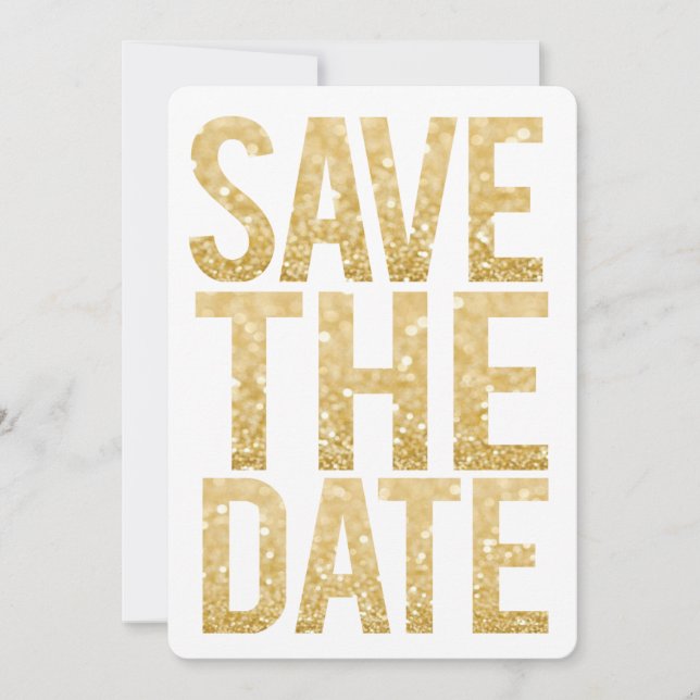 Invitación Tipografía de White & Gold Glitter Save the Date (Anverso)