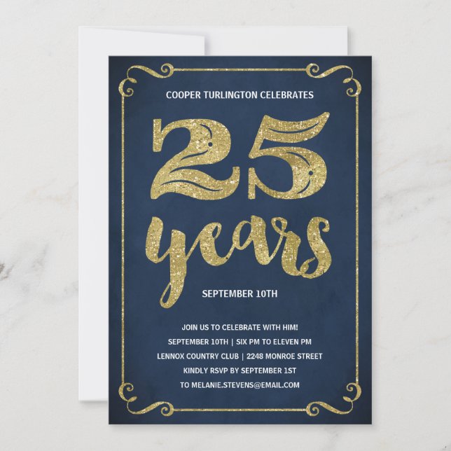 Invitación Tipografía del oro| Faux Relieve metalizado 25th B (Anverso)