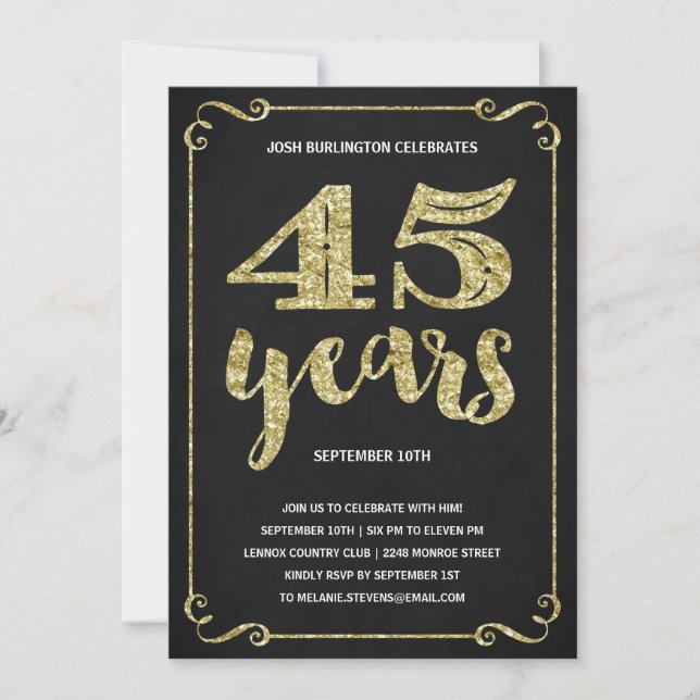 Invitación Tipografía del oro| Faux Relieve metalizado 45th B (Anverso)