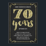 Invitación Tipografía del oro| Faux Relieve metalizado 70th B<br><div class="desc">Esta llamativa y elegante invitación a la fiesta de cumpleaños número 70 cuenta con tipografía vintage,  florecientes elegantes,  caligrafía de guión de brocha,  Relieve metalizado de oro falso y un fondo negro de moda. Si lo desea,  agregue fotos o texto adicional a la parte posterior de la tarjeta.</div>