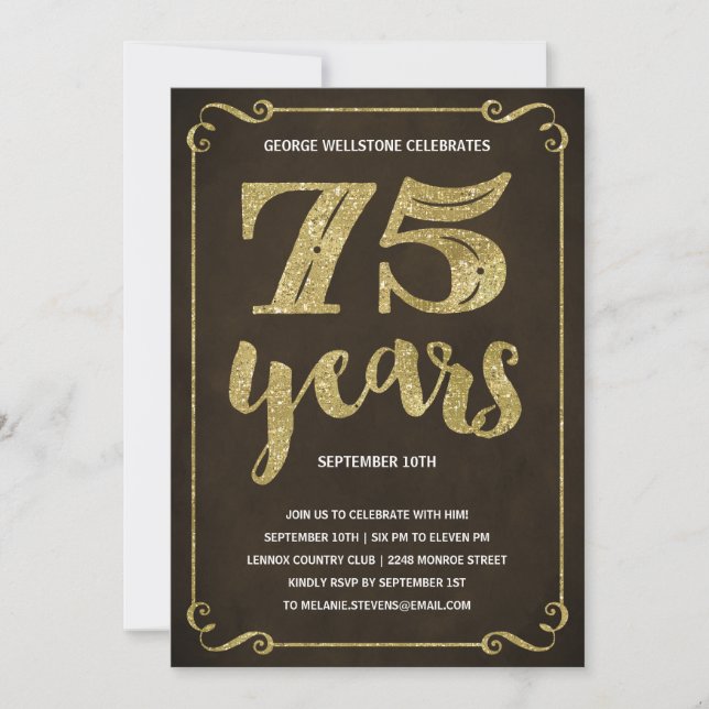 Invitación Tipografía del oro| Faux Relieve metalizado 75th B (Anverso)