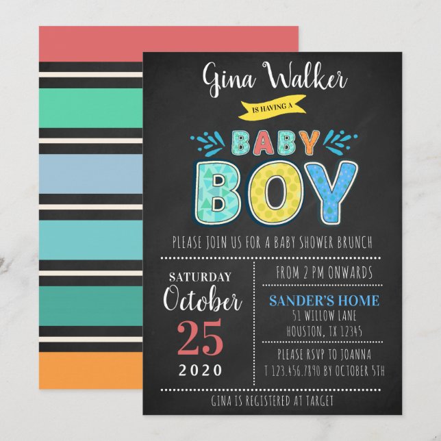 Invitación Tipografía divertida Baby Boy Shower (Anverso / Reverso)