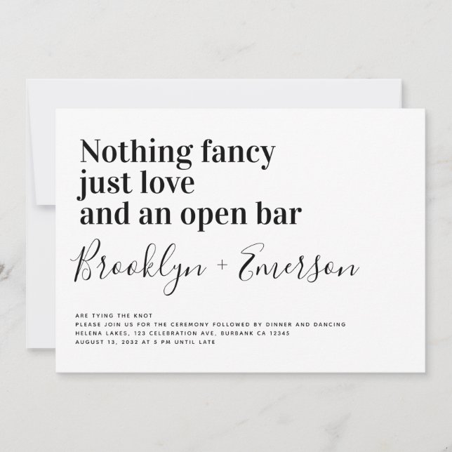 Invitación Tipografía divertida Boda blanco negro (Anverso)