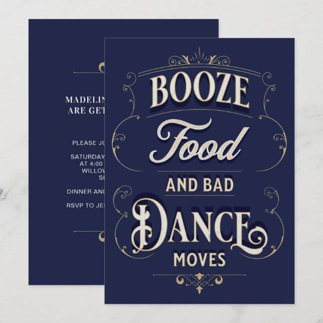 Invitación Tipografía divertida Booze Food Dance se mueve Cas (Anverso / Reverso)