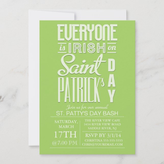 Invitación Tipografía divertida Fiesta de cena de San Patrici (Anverso)